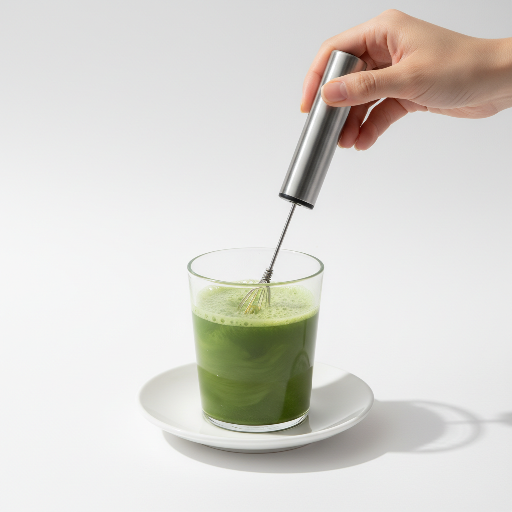 Elektrischer Schneebesen beim Matcha aufschlagen